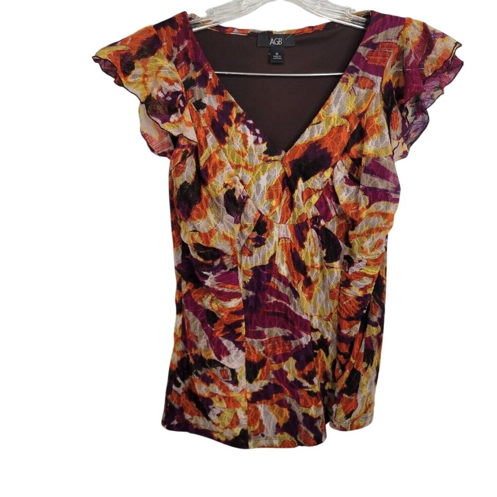 AGB‎ Womens Abstract Floral Lace Overlay Flutter Sleeve V-Neck Top Orange M